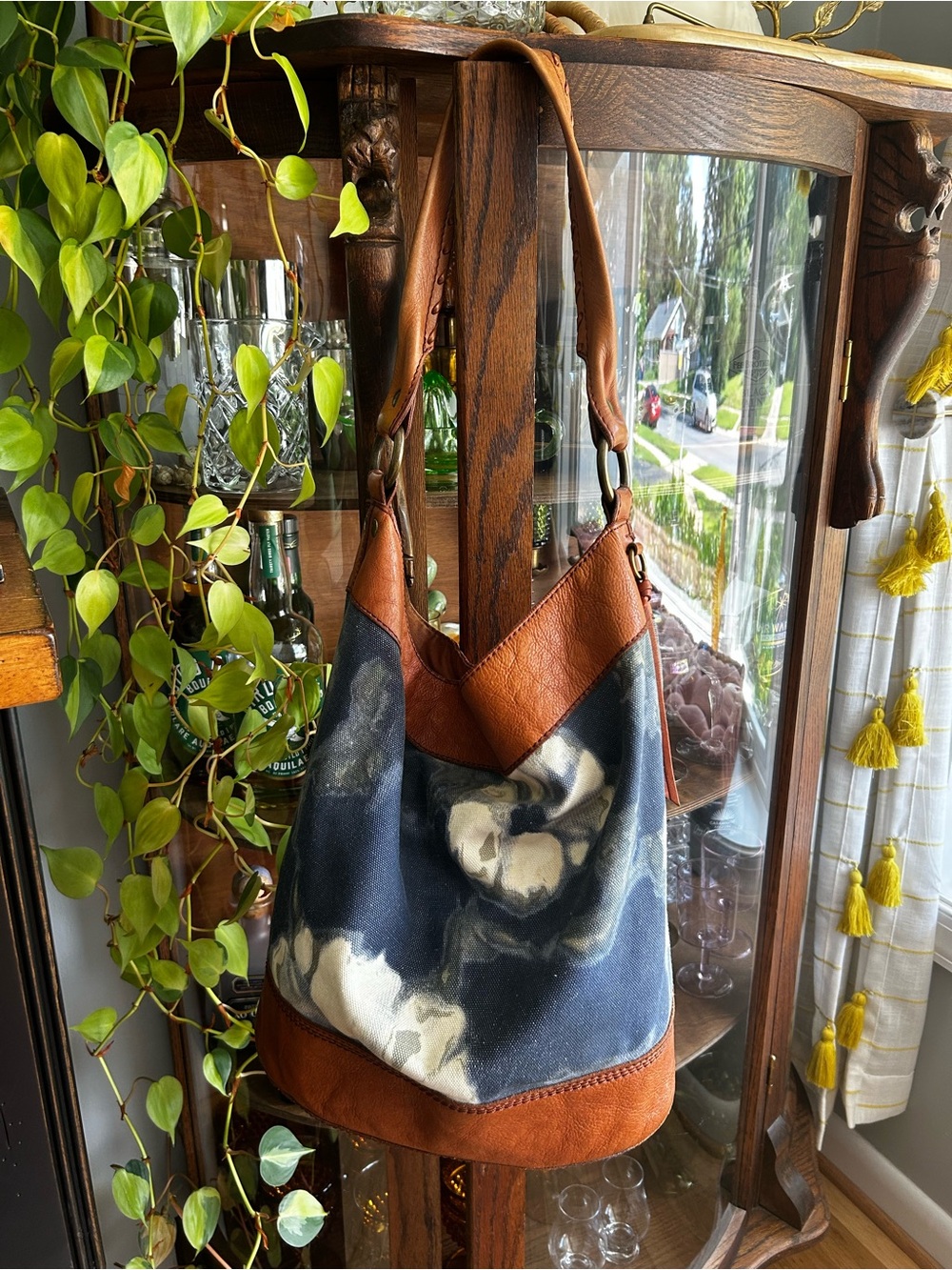LUCKY BRAND Vintage tie-dye canvas & Leather Trim Bucket Bag